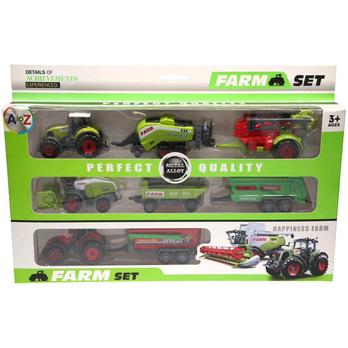 Diecast farm vehicle set showing tractors, combine harvester, and green farm equipment