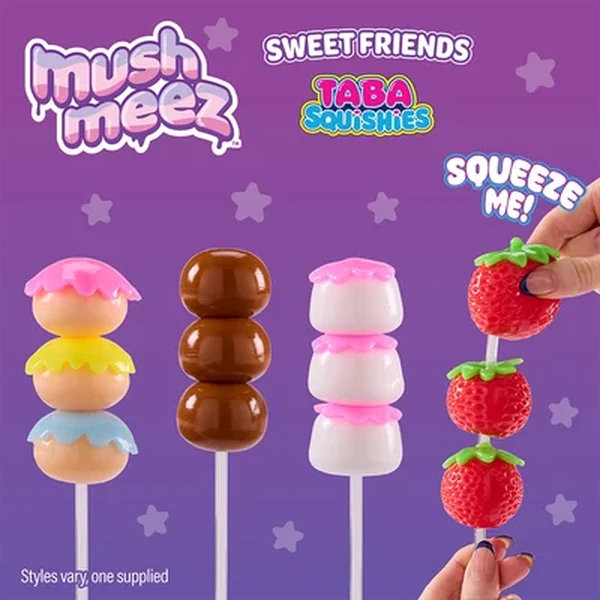 Mushmeez Sweet Friends assortment graphic showing four stacked Taba squishy designs with the strawberry style being squeezed by hand