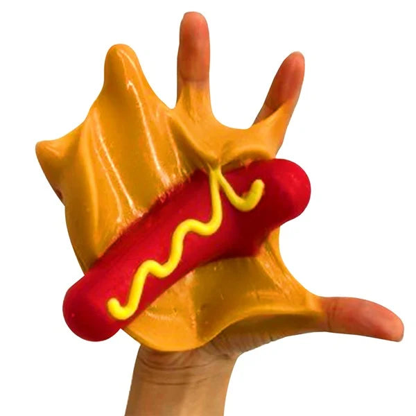Mushmeez Taba Squishy hot dog design stretched across an open hand