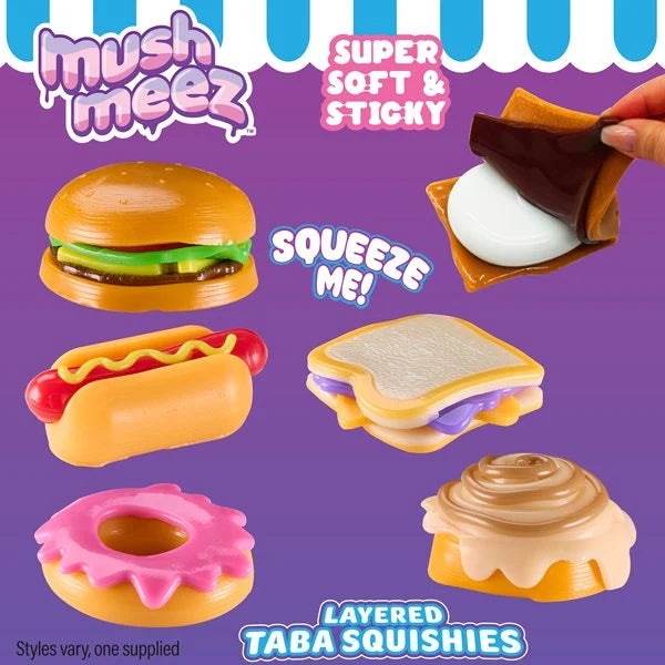 Mushmeez Taba Squishy assortment graphic showing the layered burger, hot dog, sandwich, doughnut, cinnamon roll and s'more designs