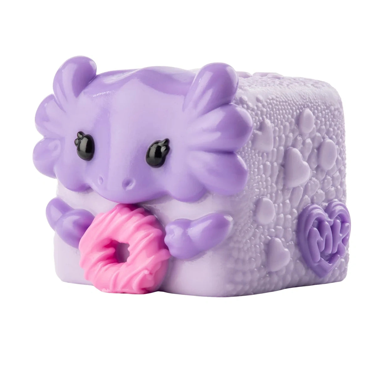 MushyKinz OG purple axolotl Taba Squishy holding a pink doughnut