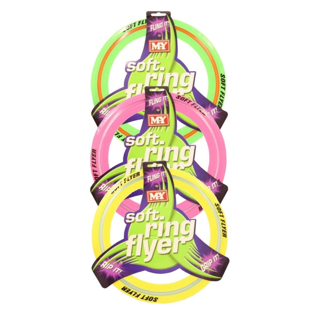 Three packaged M.Y Soft Flying Rings in green, yellow and pink