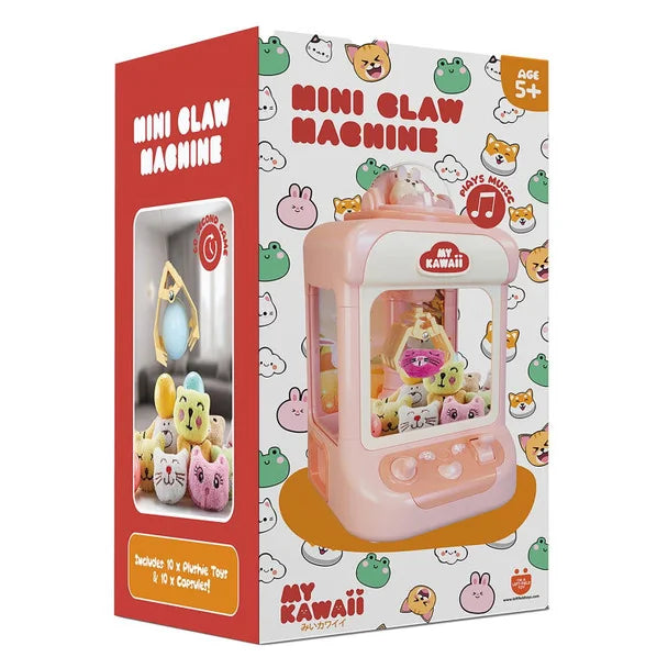 Retail box of My Kawaii 30 cm mini claw machine showing toy design, plush toys and cute animal graphics