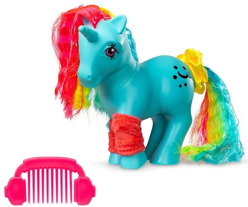 My Little Pony Totally Rad Moonstone blue unicorn with multicoloured crimped mane and tail, pink fuzzy legwarmers and pink styling comb.