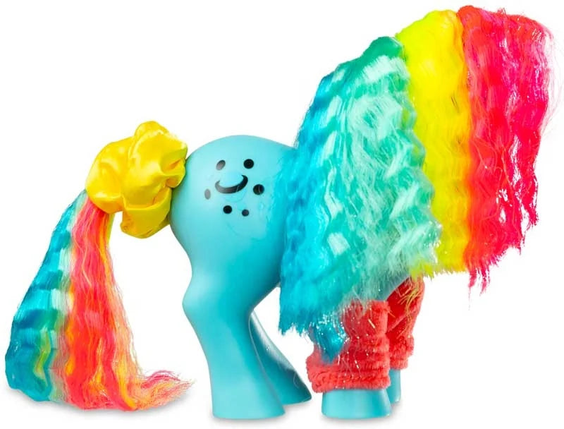 Rear view of My Little Pony Totally Rad Moonstone showing long crimped rainbow mane, yellow tail bow, blue body and pink legwarmers.