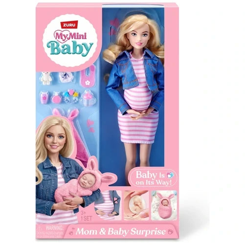 My Mini Baby Mom & Baby Surprise doll in pink packaging with baby and accessories pictured on the box