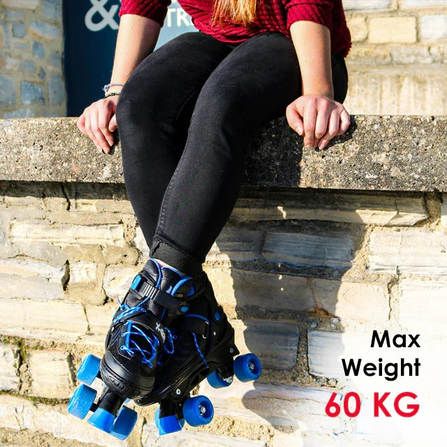 Lifestyle image showing MY Quad X Skate blue and black quad skates worn outdoors with bright blue wheels