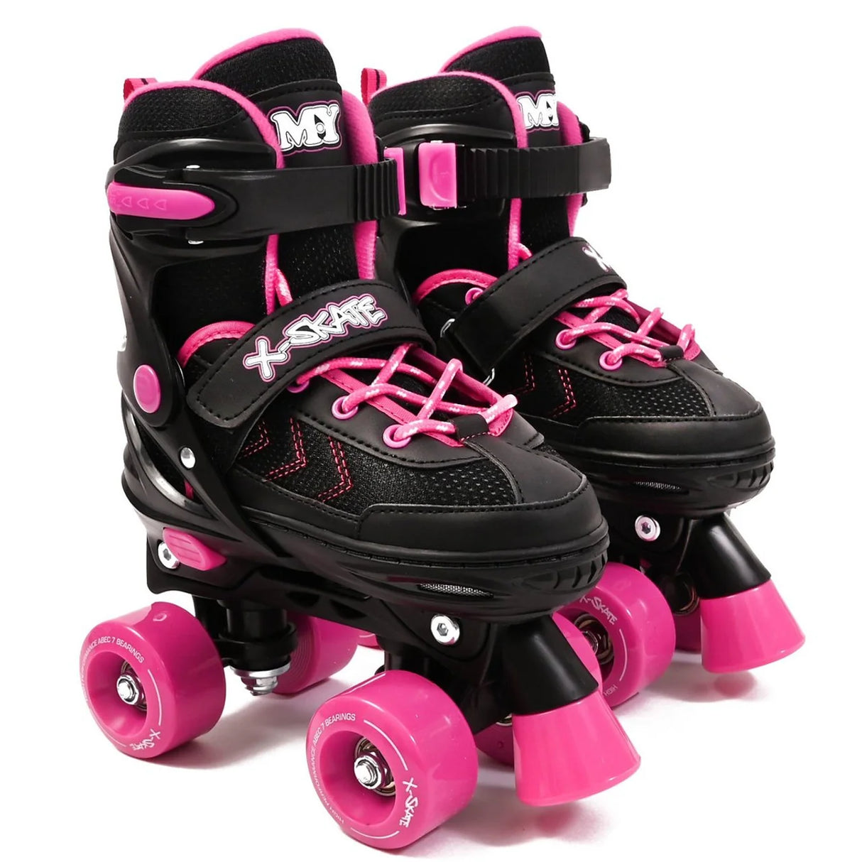 Black and pink MY Quad X Skate quad skates with bright pink wheels and secure straps shown on a clean white background