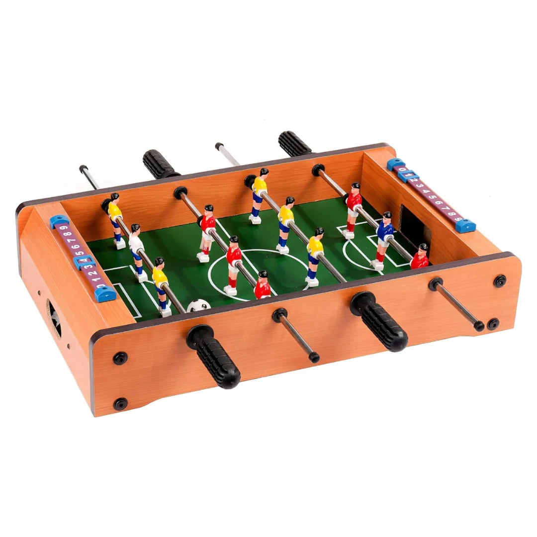 M.Y Table Football mini foosball table with wood finish, green playing field, 12 players, sliding scoreboards and black grip handles