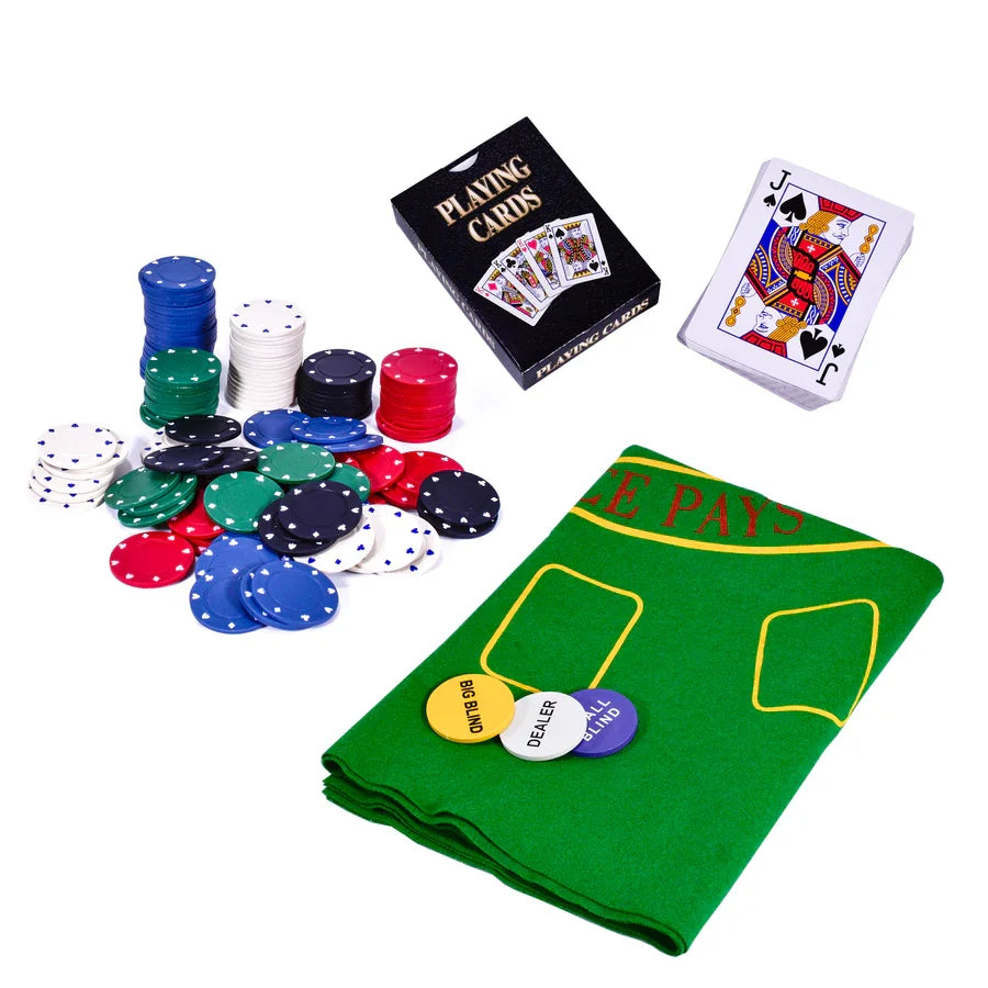 M.Y Texas Hold'em Blackjack set with chips, cards, and folded felt mat Ireland