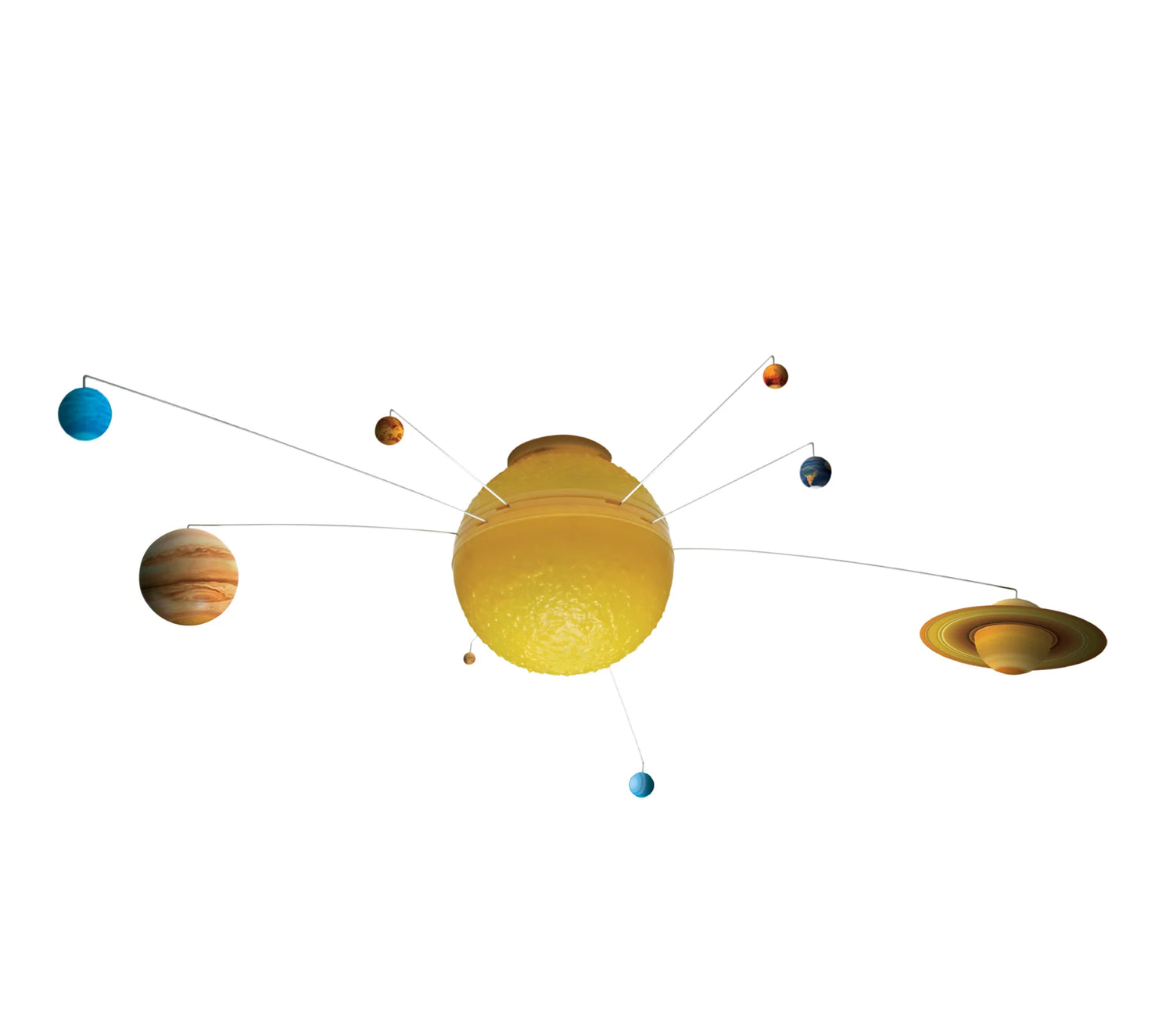 My Very Own Solar System ceiling mobile displaying eight orbiting planets around a bright yellow illuminated sun