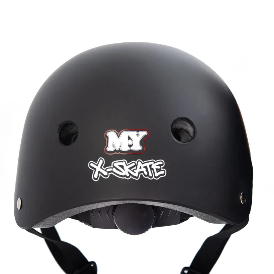 Black MY X Skate helmet rear view showing logo, vents, and adjustment dial on a white background
