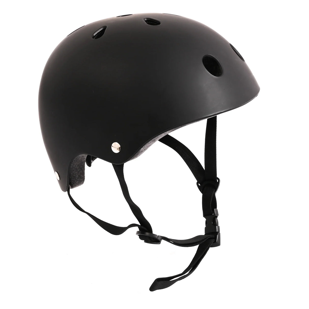 Black MY X Skate helmet side angled view showing vents, smooth shell, and straps on a white background
