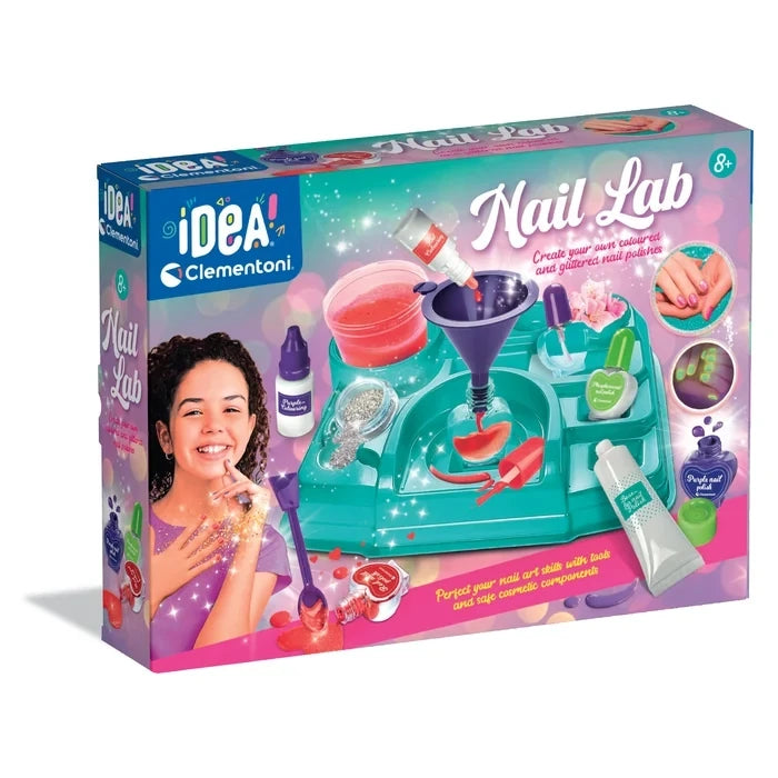 Clementoni Nail Lab box showing the turquoise workstation, nail polish bottles, mixing tools and decorated nails.