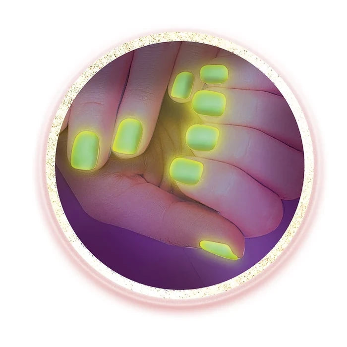 Close view of fingernails with a bright green glow effect.