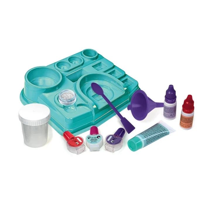 Nail Lab kit parts with the turquoise workstation, mixing tools, containers, glitter and colour bottles.