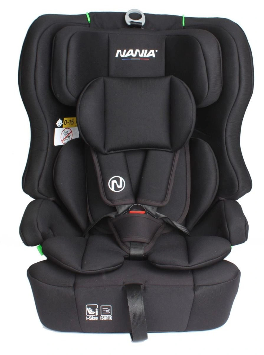 Nania Rio I Size Group 1 2 3 car seat front centered view with seat base, harness system, and Nania branding visible