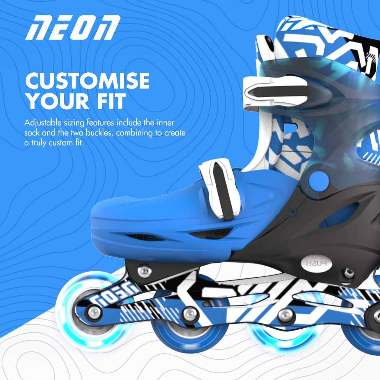Side view of blue Neon Combo skates highlighting the adjustable fit features, sturdy boot design, and glowing PU wheels