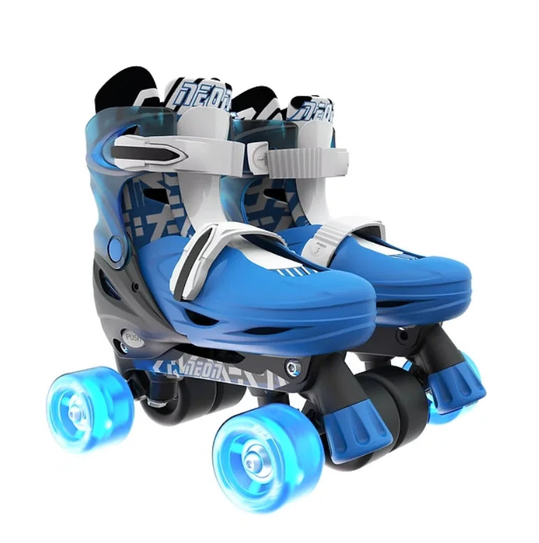 Close up of blue Neon Combo skates showing adjustable boot, white straps, and glowing blue wheels in quad configuration