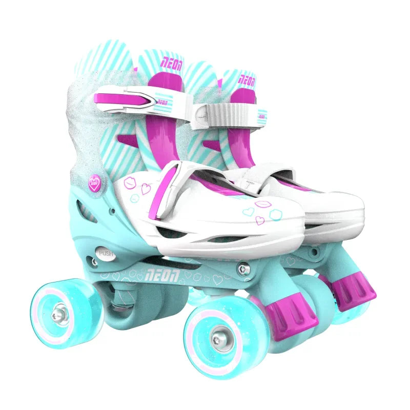 Pink and teal Neon Combo quad skates with glowing light up wheels, supportive straps, and heart themed design on white background