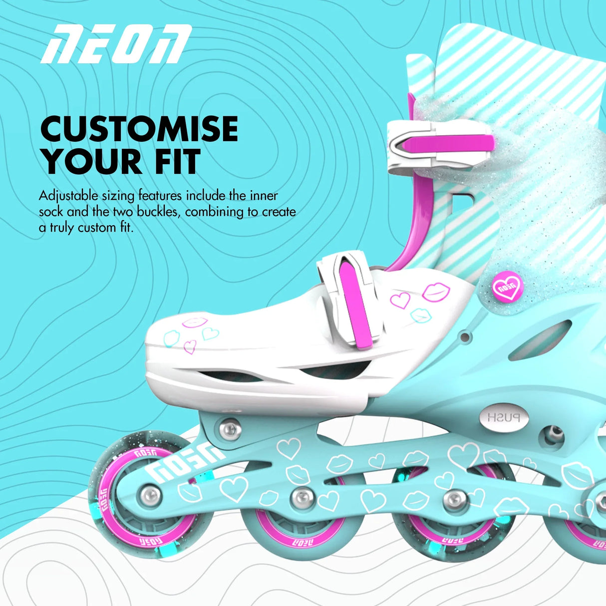 Side view of pink and teal Neon Combo inline skates showing adjustable buckles, printed heart graphics, and glowing PU wheels
