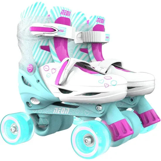 Pink and teal Neon Combo skates in quad mode with glowing wheels and adjustable straps