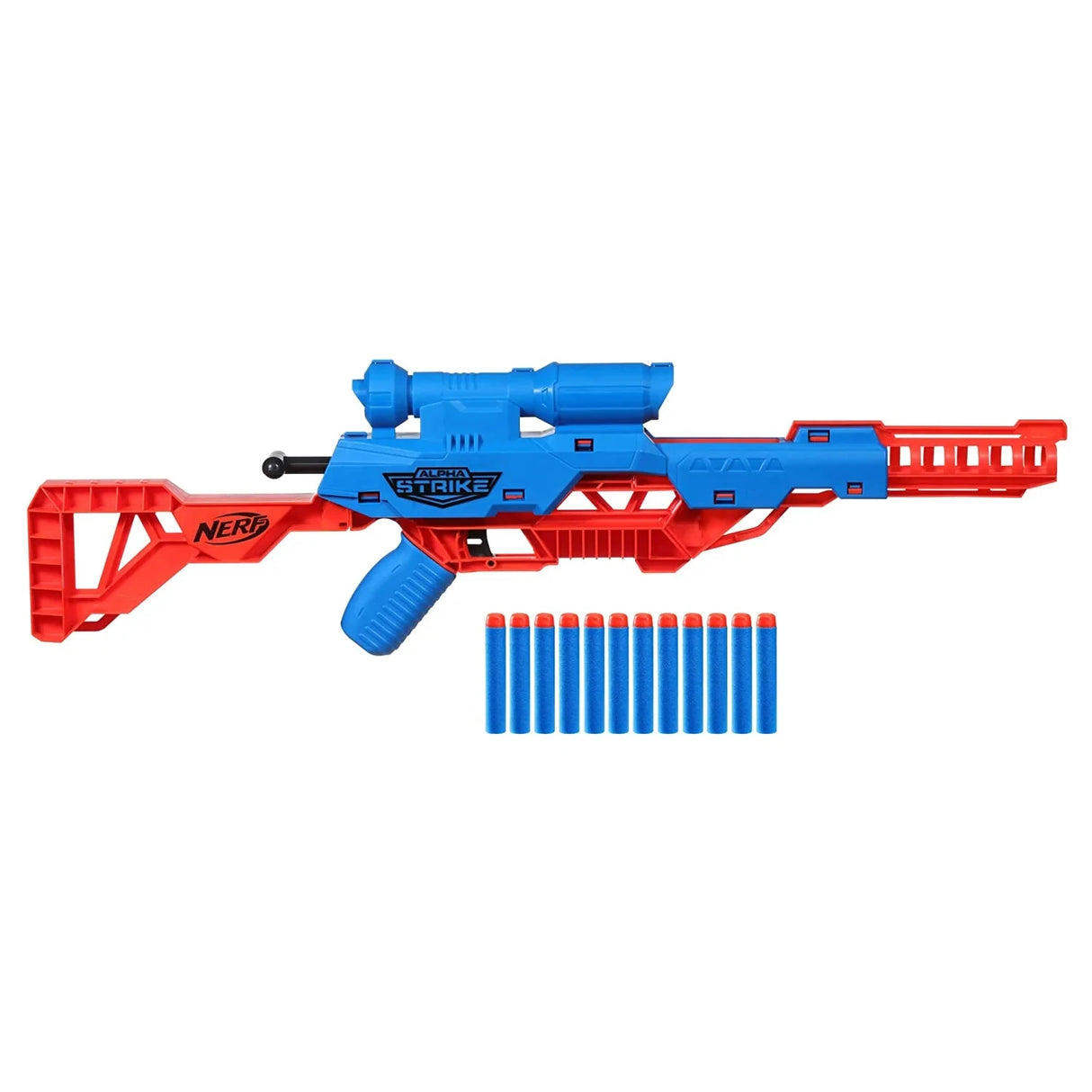 Blue and red Nerf Alpha Strike Wolf LR-1 blaster with 12 blue and orange darts on a white background
