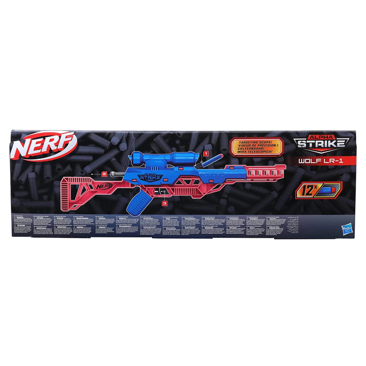 Back of Nerf Alpha Strike Wolf LR-1 retail packaging showing the blue and red blaster and dart details