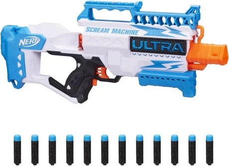 Nerf Ultra Scream Machine blaster displayed with 12 blue tip foam darts arranged below