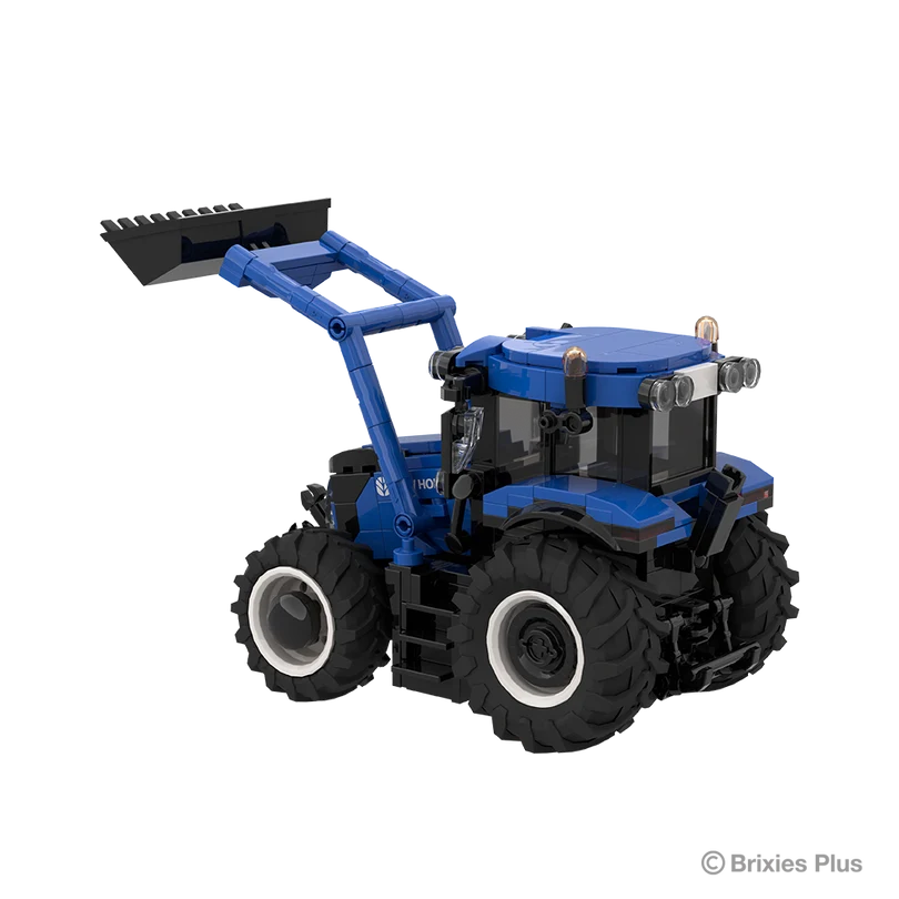 Angled view of the BRIXIES Plus New Holland T6.180 showing the raised loader arms, enclosed cab, blue rear bodywork and agricultural tyres