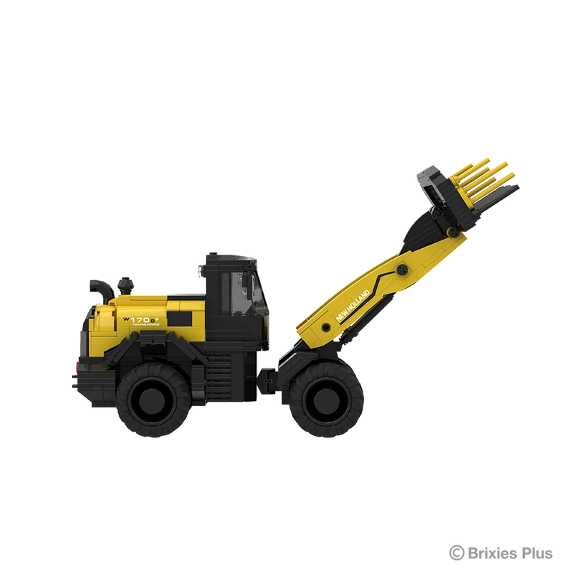 Side profile of the New Holland W170D+ BRIXIES model facing right with New Holland branding on the loader arm and the raised front attachment visible