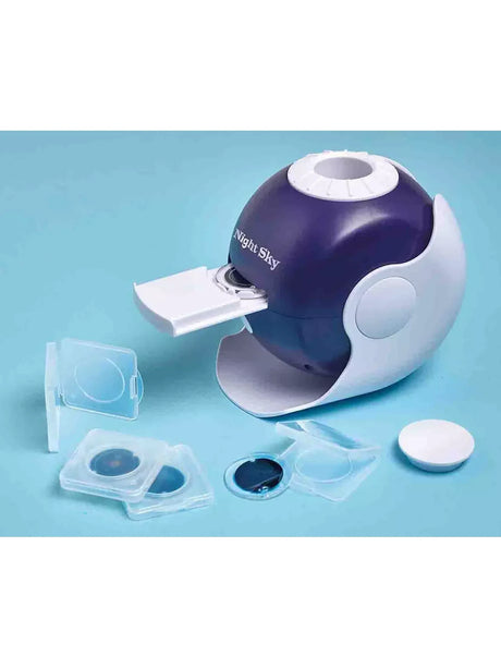 Night Sky Projector device with interchangeable image discs and cover on a light blue background