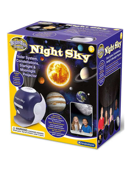 Night Sky Projector retail box showing planets, stars, and moonlight projection features