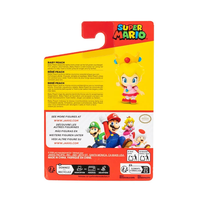 Back of the Nintendo Super Mario Baby Peach figure packaging showing character artwork, multilingual product information and safety labels.