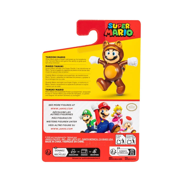 Back of the Nintendo Super Mario Tanooki Mario figure packaging showing Mario in his brown raccoon costume, multilingual product information and Nintendo branding.