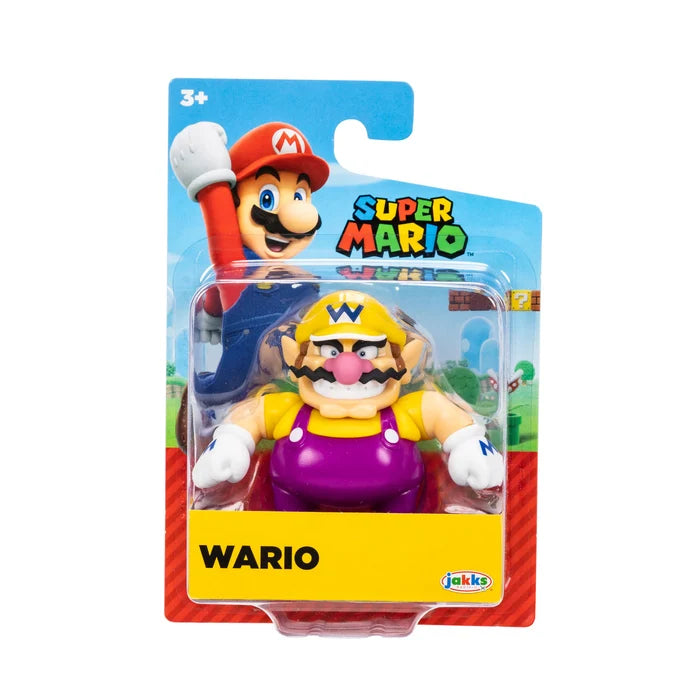 Nintendo Super Mario Wario 2.5 inch figure wearing a yellow cap, purple overalls and white gloves in original Super Mario blister packaging.