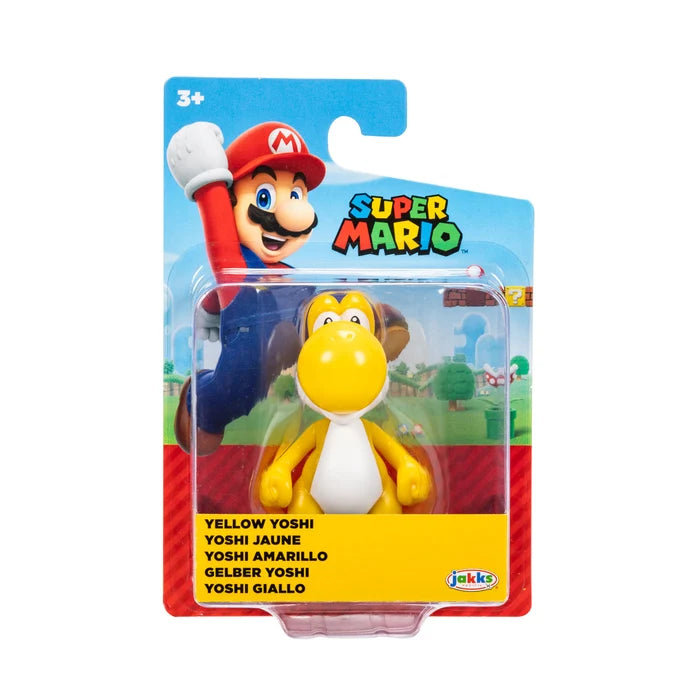 Nintendo Super Mario Yellow Yoshi 2.5 inch figure with yellow body, white belly and green shoes in original blister packaging.