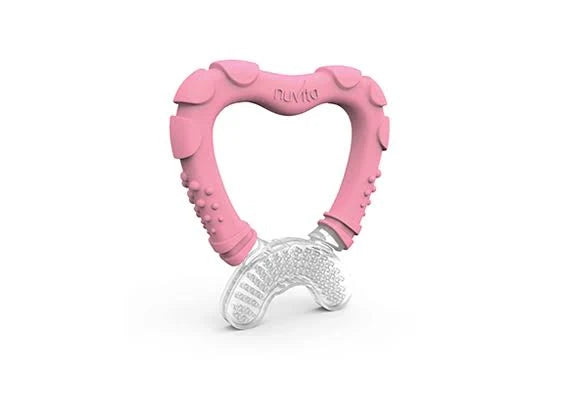 Nuvita bright pink teether gum cleaner with clear textured gum brush on white background