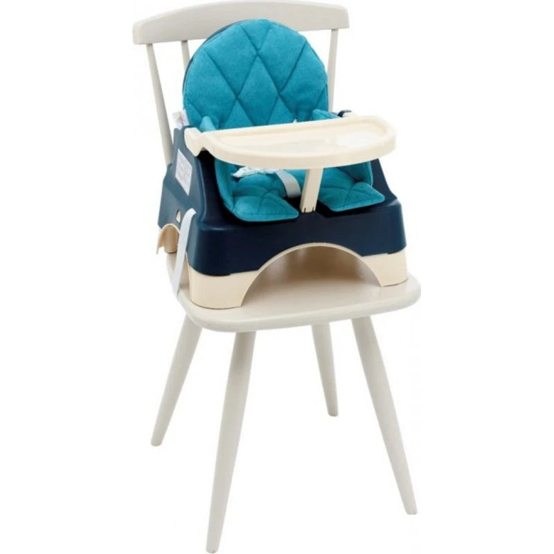 Oketi Poketi Wooded booster seat with tray and turquoise padded insert shown on a white chair