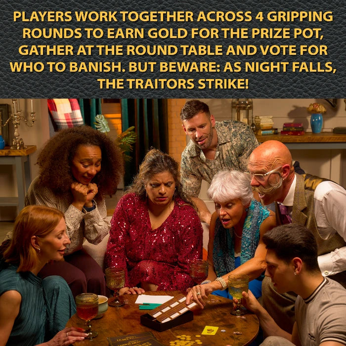 One Night of The Traitors Castle of Lies players gathered around the table during a Round Table voting scene