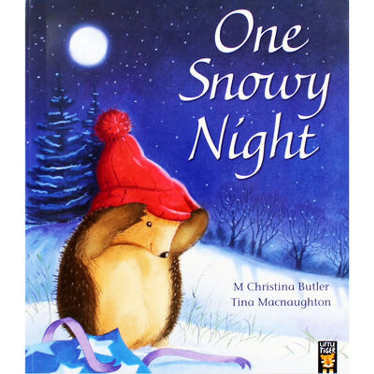Front cover of One Snowy Night storybook showing Little Hedgehog wearing a red hat in snow