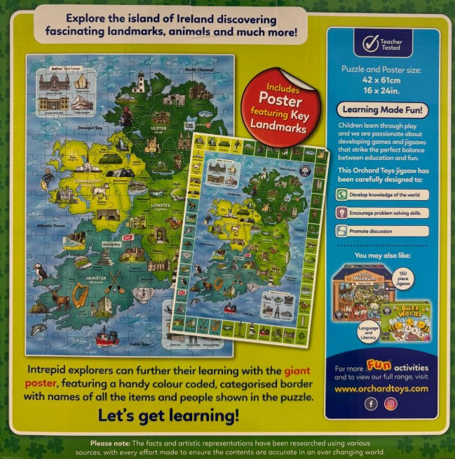 Front packaging of the Orchard Toys Map of Ireland Jigsaw Puzzle. Features colourful illustrated map, regional highlights, and the included poster note.
