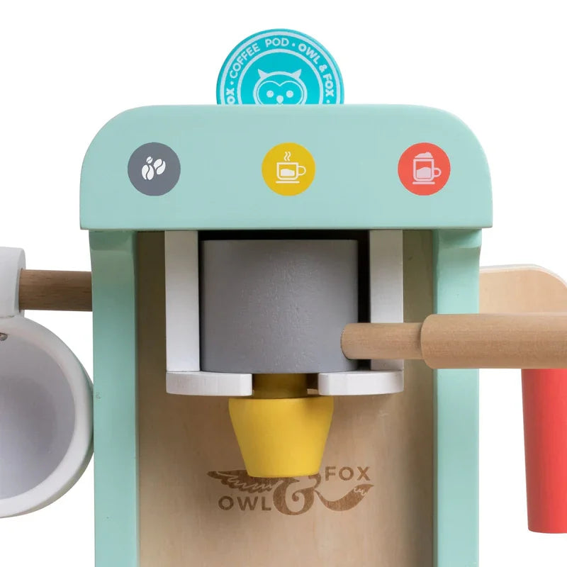 Close-up of Owl and Fox toy coffee machine showing buttons and pod – Ireland