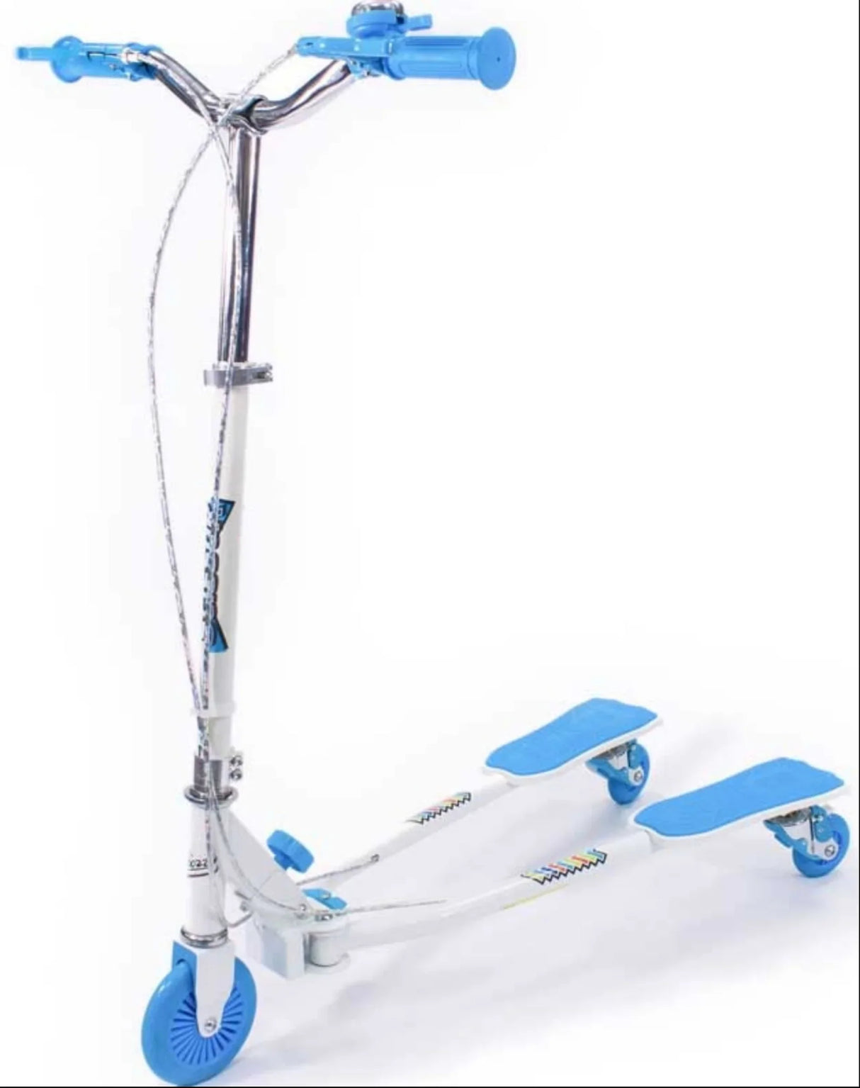 A white and blue Ozbozz scissor scooter with a three wheel design and soft blue handle grips