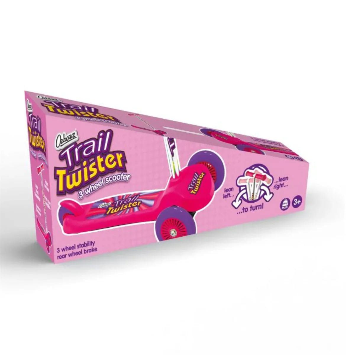 Packaging showing the pink Ozbozz Trail Twister scooter with its three wheel layout and bright deck.