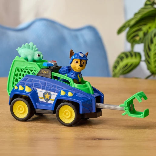PAW Patrol Chase Dino Rescue Cruiser with Chase seated inside, green dinosaur in the rear and rescue claw extended