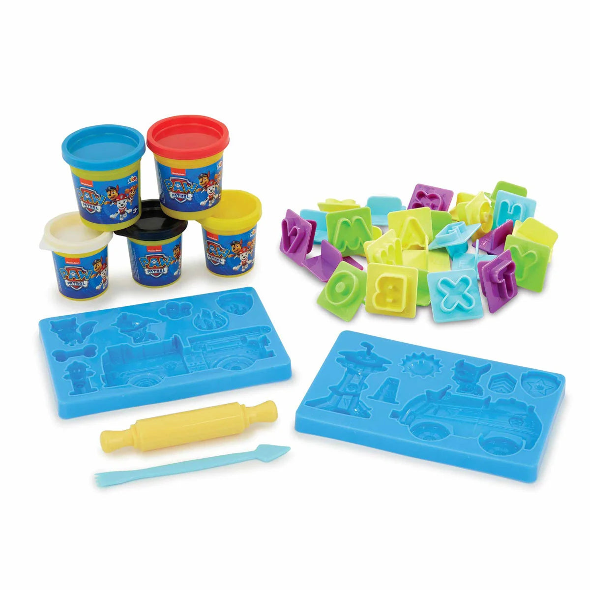 Paw Patrol Dough Playset accessories including dough pots, alphabet cutters, and tools – Ireland