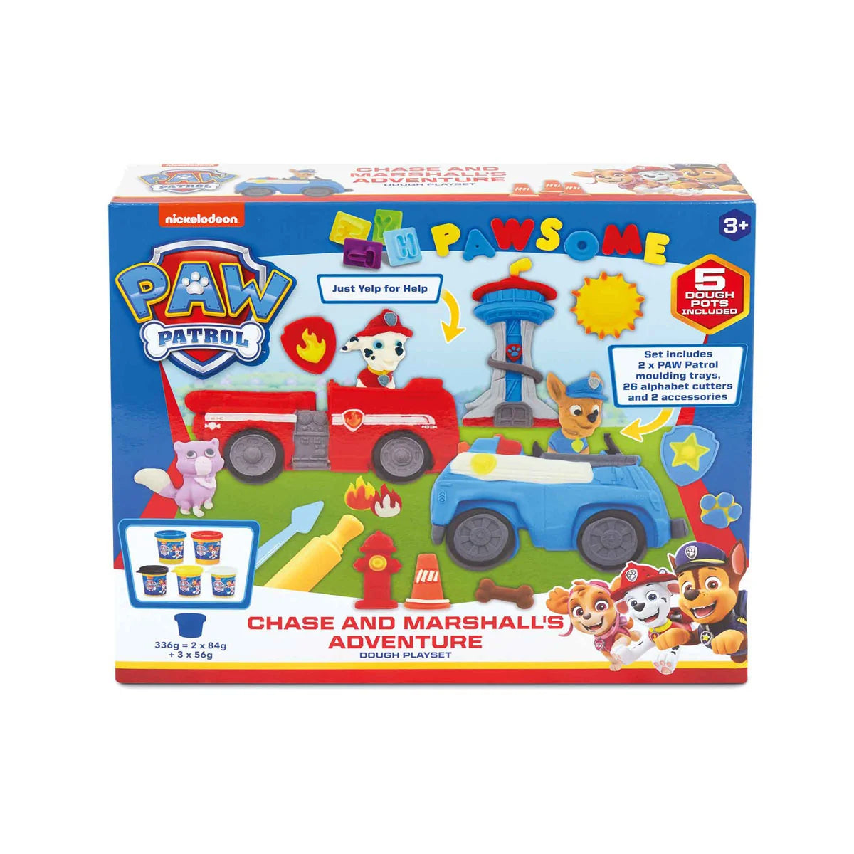 Paw Patrol Chase & Marshall Dough Playset packaging with colourful vehicle moulds – Ireland