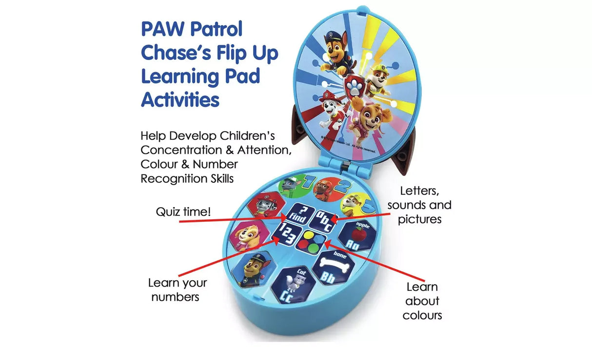 Paw Patrol Chase's Flip Up Learning Pad Toy showing labelled learning activities and features – Ireland