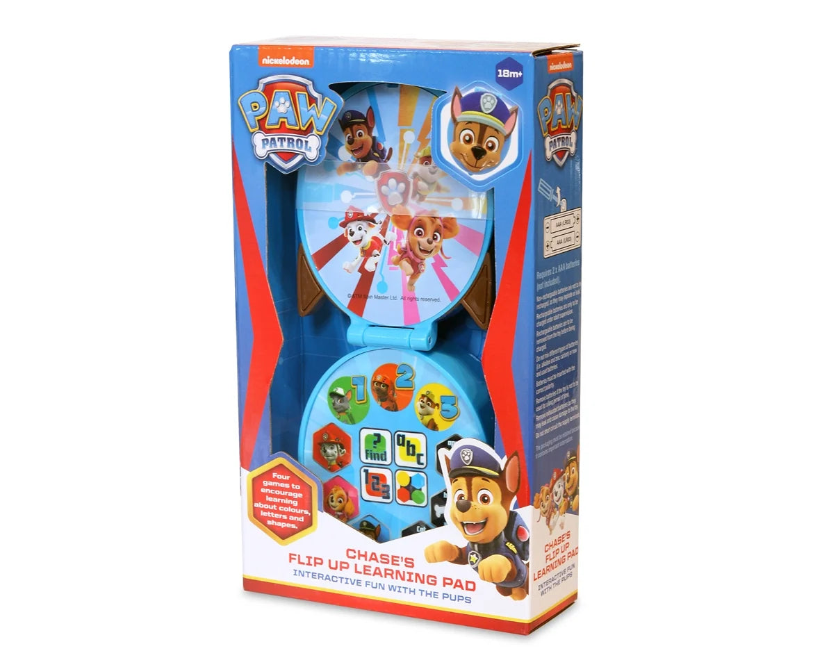 Paw Patrol Chase's Flip Up Learning Pad Toy boxed packaging featuring Chase and other pups – Ireland